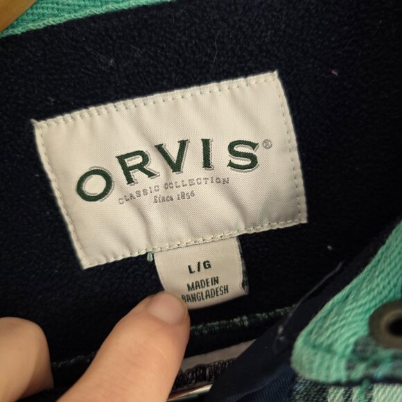 Orvis Flannel Shacket, Fleece Lined Green and Blue Shirt Jacket, Fall Transition - Picture 6 of 9